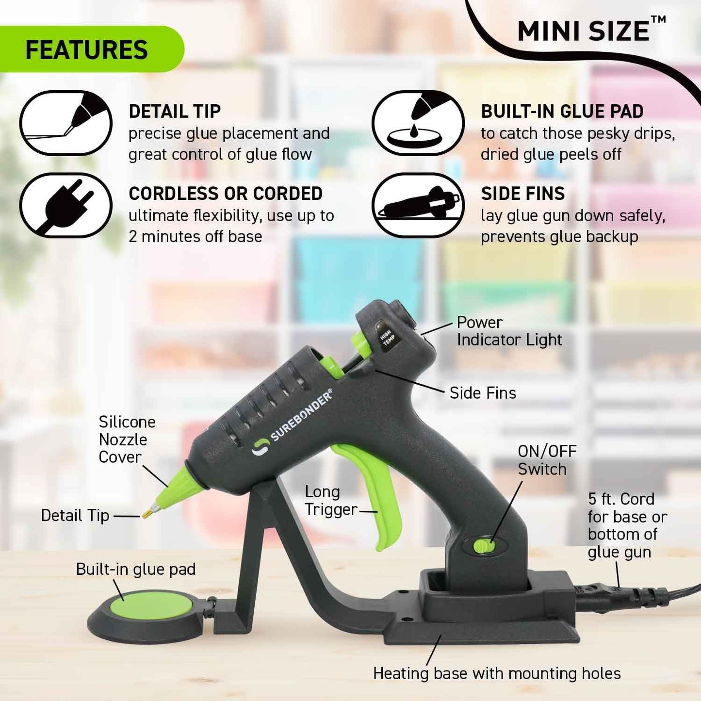 Surebonder Cordless/Corded High-Temperature Mini Hot Glue Gun with Fine Tip for Detailed Crafting and DIY Projects, 20 Watts (CL-195F)