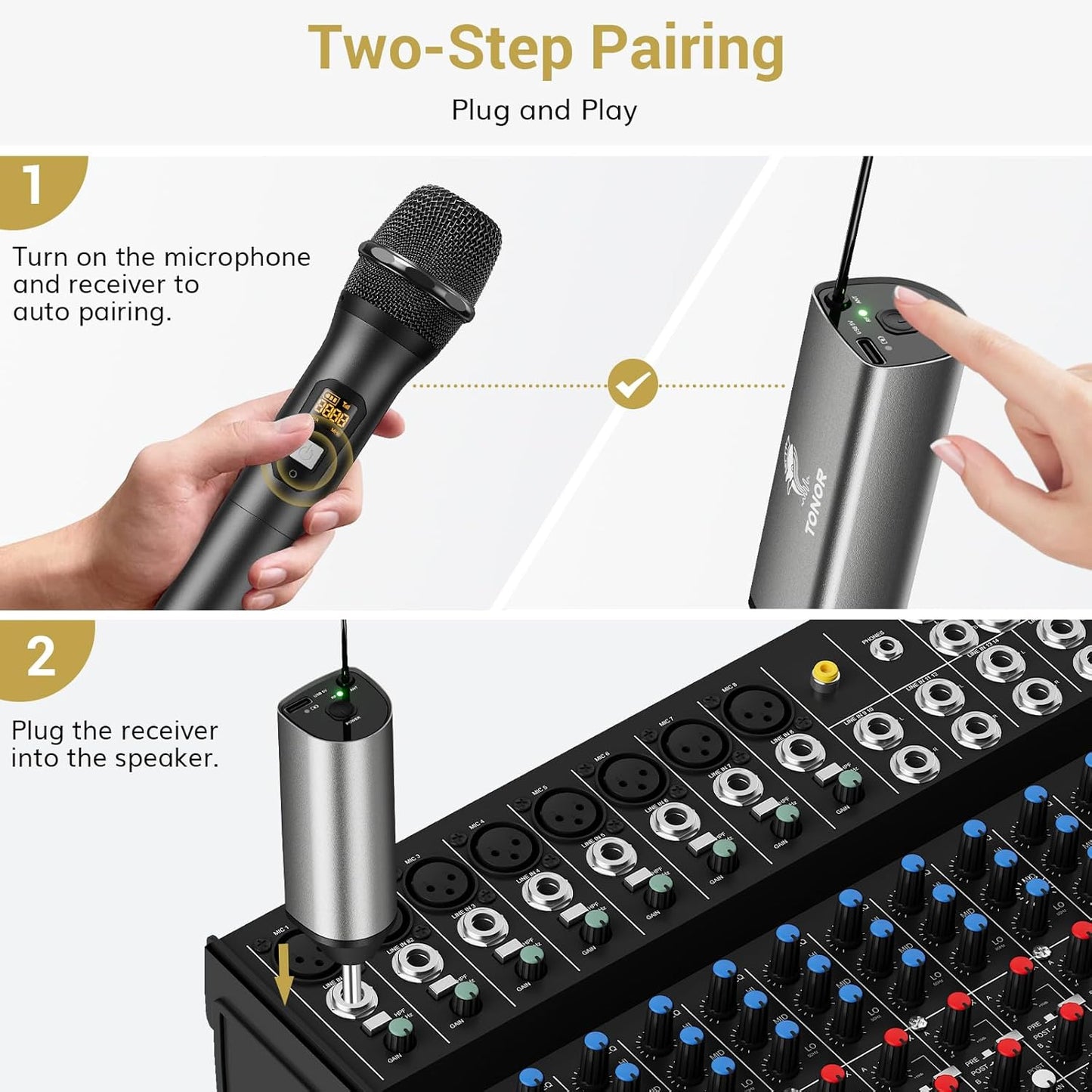 TONOR Wireless Microphones, UHF Metal Dual Cordless Dynamic Mic System with Rechargeable Receiver, Microfonos Inalambricos Professional for Karaoke Singing, Wedding, Speech, Church 200ft TW630 Black