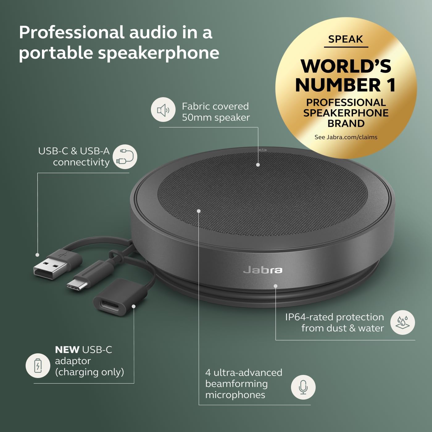 Jabra Speak2 75 (2025 Edition) Wireless Bluetooth Speakerphone - 4 Noise-Cancelling Mics, 65mm Speakers - New Linking Feature - USB-A Dongle - Certified for Zoom and Google Meet - Dark Grey