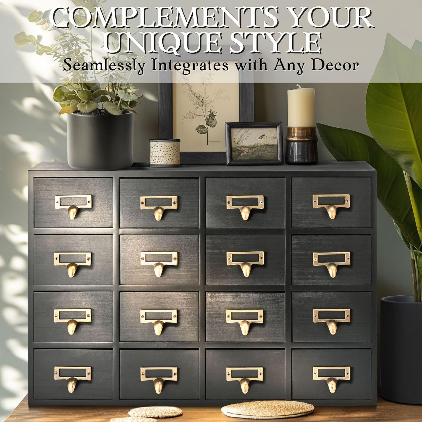 Flexzion Apothecary Cabinet with Drawers - 16 Vintage Apothecary Drawers Desktop Organizer for Home & Office - Wooden Tabletop Library Card Catalog Cabinet Storage for Jewelry, Makeup & Tools, Black