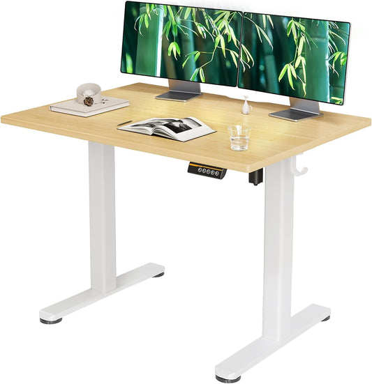 Claiks Bamboo Electric Standing Desk, Adjustable Height Stand up Desk, 40x24 Inches Sit Stand Home Office Desk with Splice Board, White Frame/BambooTop