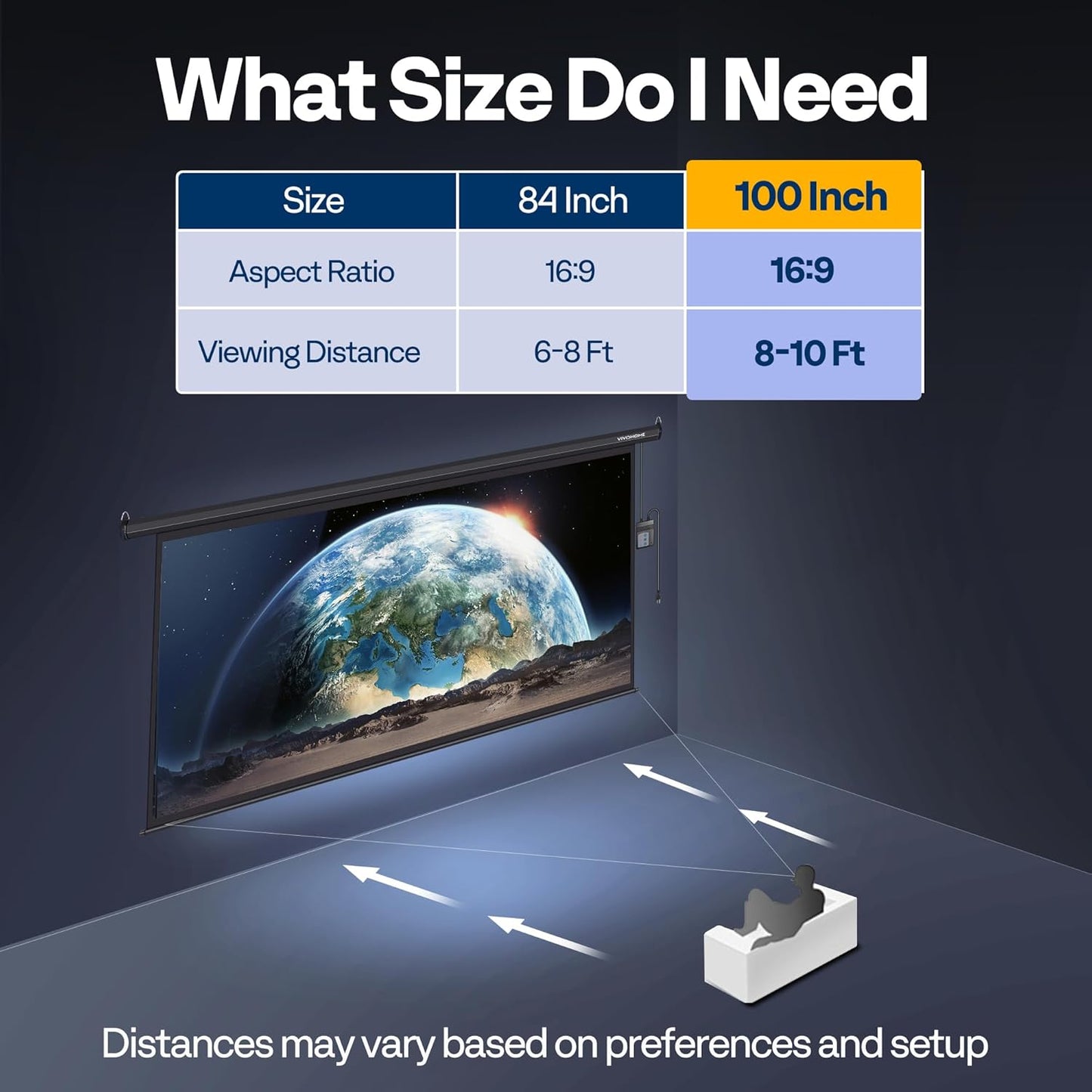 VIVOHOME Motorized Projector Screen with Remote, 16:9 100 Inch Auto Electric Projection Screen, HD 4K Movie Screen for Home Theater, Cinema, Office (87 x 49 Black)