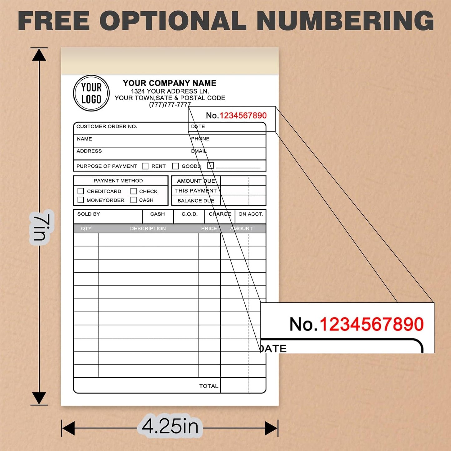 Custom 4.25" x 7" Invoices Receipts Carbonless Books in 2-Part Duplicate Personalized Company Address Name Phone Number 100 Sets