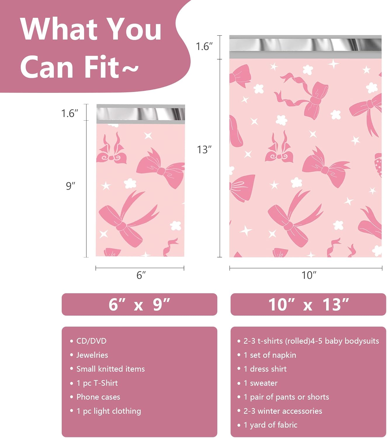 Poly Mailers 10x13 Inch 25 Pcs - Pink Bow printed Shipping Bags, 2.4mil Thickness, Waterproof and Tear Resistant Mailing Envelopes, Self-Sealing Packaging Bags for Small Business
