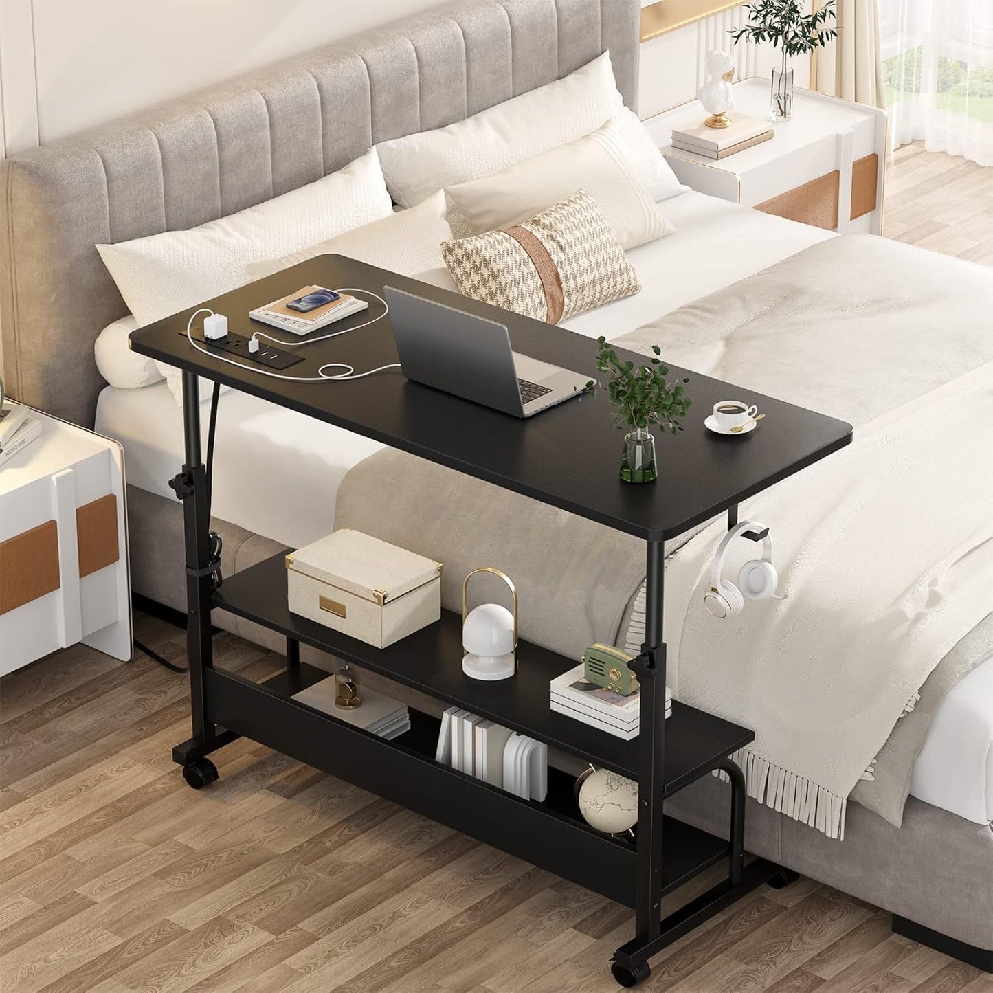 Armocity Height Adjustable Standing Desk with Power Outlets, 39" Manual Stand Up Desk with Storage Shelves Small Mobile Rolling Computer Desk Portable Laptop Table with Wheels for Home Office, Black