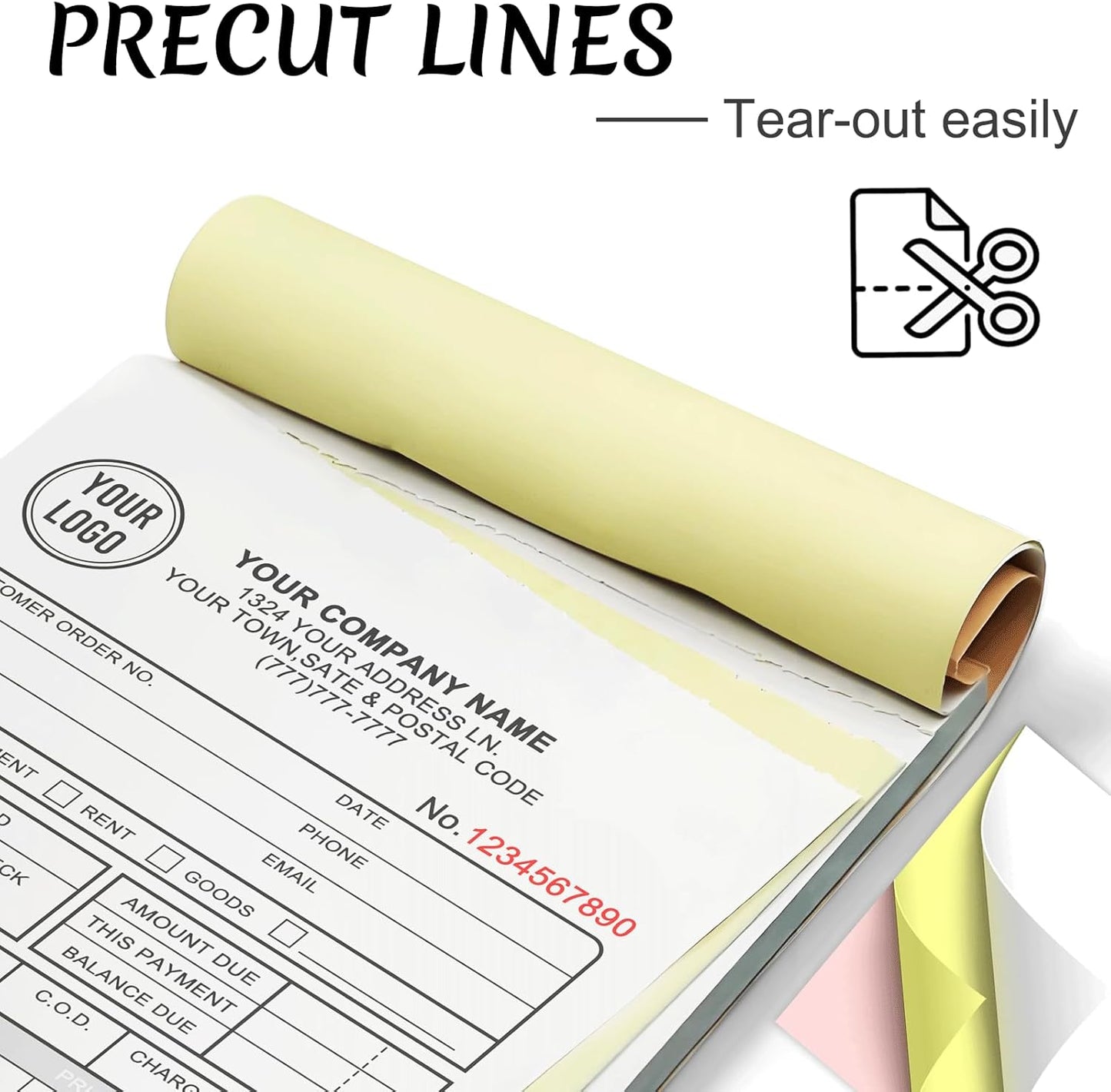 Custom Invoices Receipt Book for Small Business Personalized 3-Part Duplicate Carbonless Logo Receipt Books Sales Payment Forms with Company Name Address Phone Number 100 Sets 4.25" x 7"