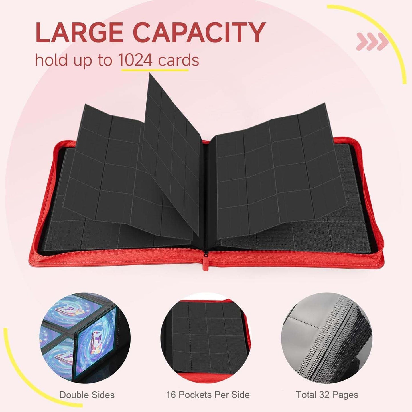 Card Binder with 1024 Cards,16 Pocket Trading Card Binder Includes 32 Page Storage Sleeves,Collection Card Album,Card Holder to Organize and Protect Cards,Red