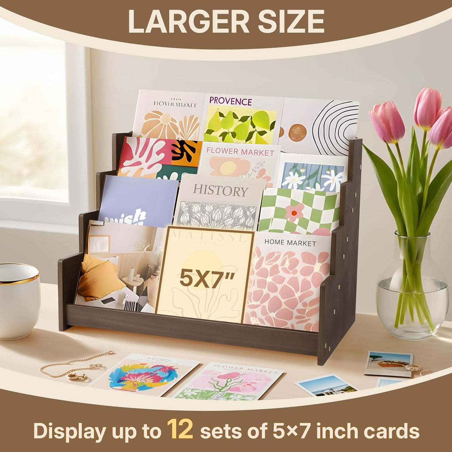 4 Tier Wooden Greeting Card Display Stand, Sticker Organizer Rack, Retail Photos Shelf for Vendors Craft Collection, Retail Stores, Postcards, Jewelry, Snacks, Brown