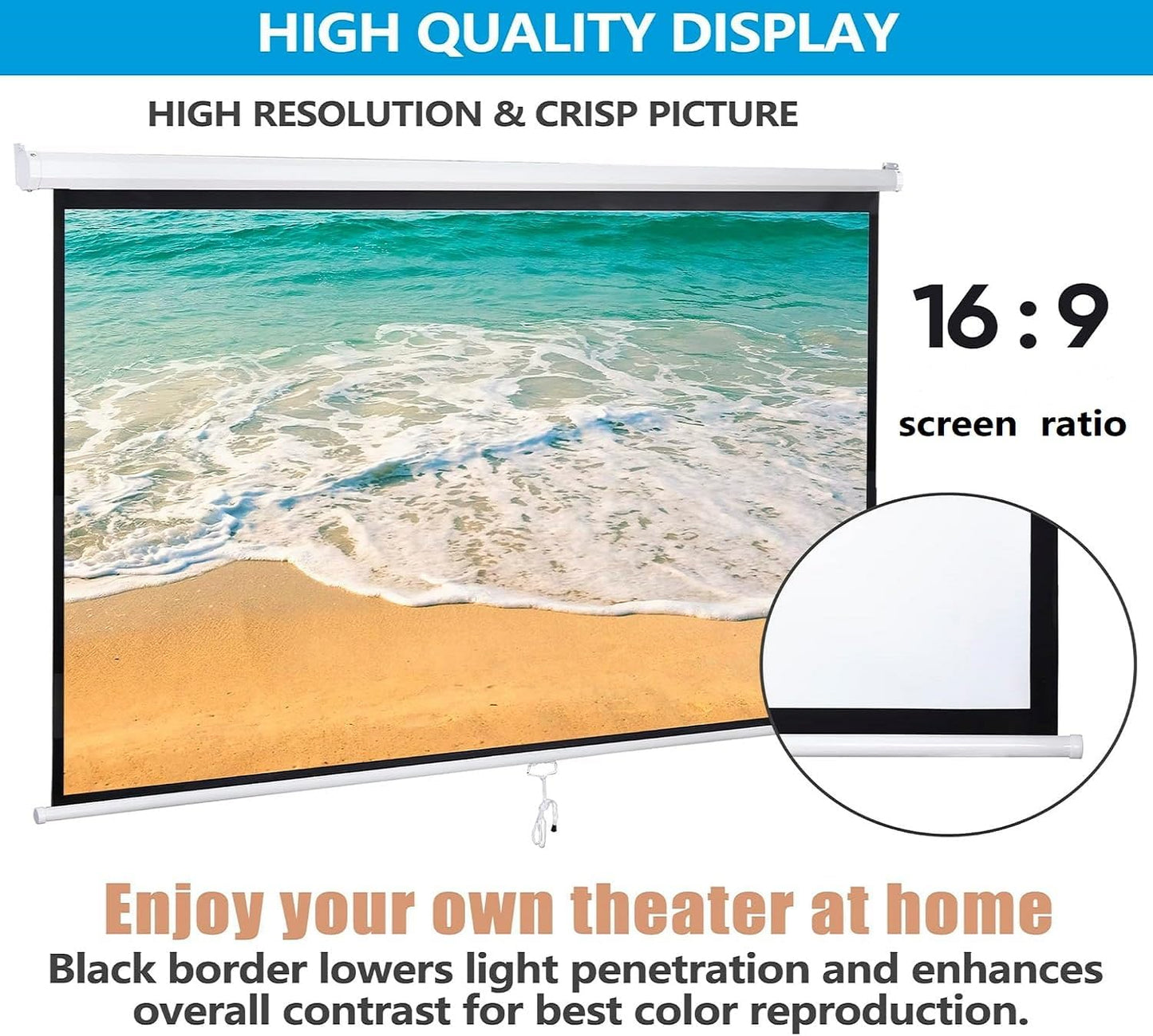 ZENY Projector Screen Pull Down 100 Inch 16:9 HD Projection Screen Folding Home Theater Portable Indoor Outdoor Movie Screen