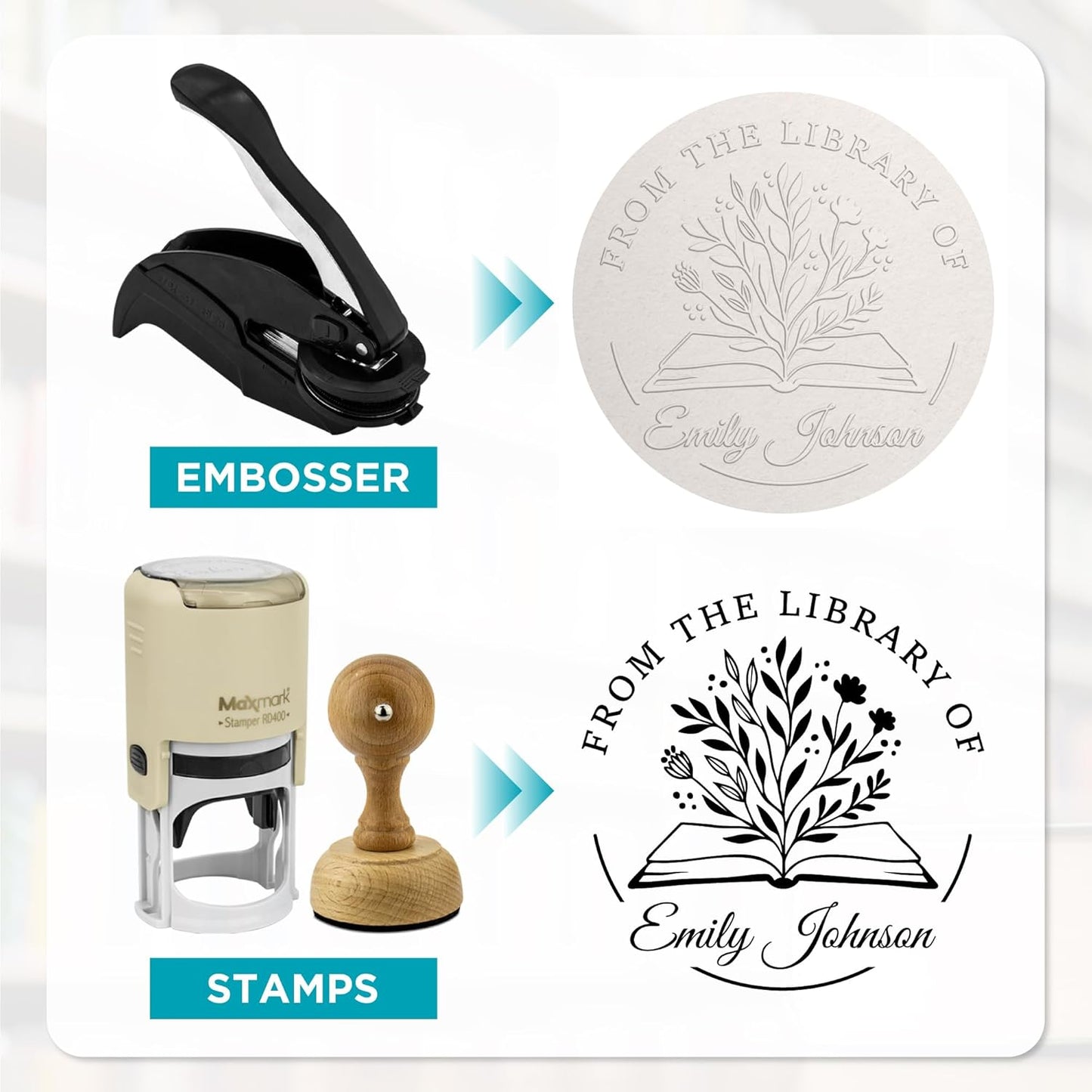 Custom Library Embosser - Style 103 - Embosser, Wood Stamp or Self Inking Stamp - Book Embosser Includes 50 Gold Seals - Custom Stamp Seal from The Library of