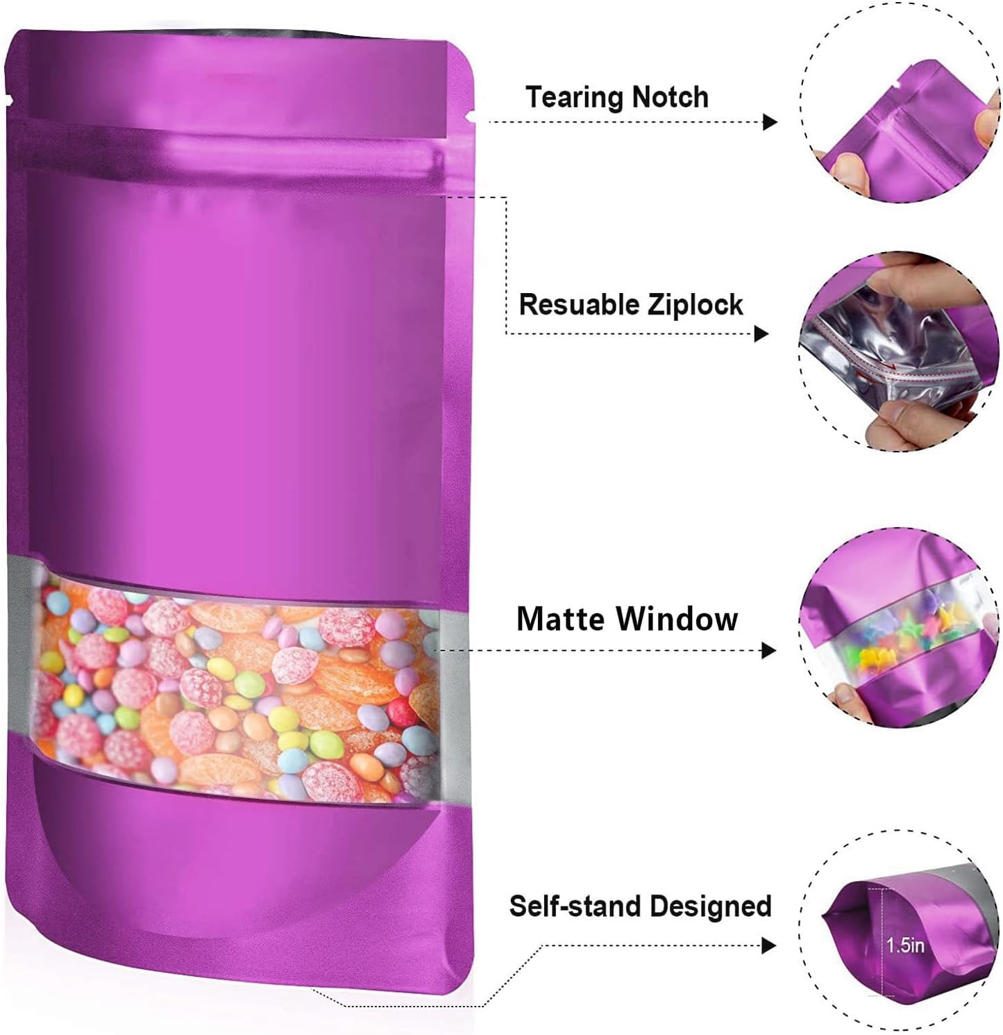 7.1"x10.2" 1 Quart 120pcs Mylar Bags for Food Storage,Smell Proof Bag with Matte Window Resealable Food Storage Bags for Small Business, Stand-up Foil Pouch Packaging Freeze Dried Candy Bag（Purple）