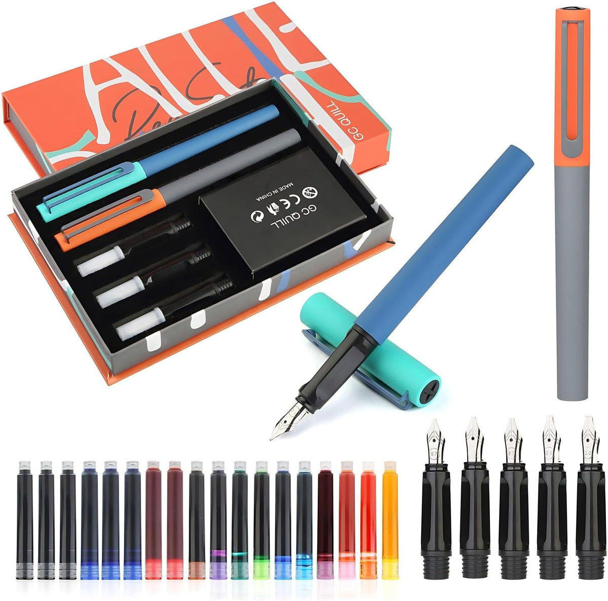 GC QUILL Calligraphy Fountain Pen Set - 5 Different Nibs and 18 Ink Cartridges, Calligraphy Set for Beginners - MU-20