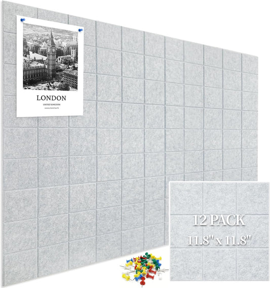 12 Pack Large Cork Board for Walls, 48" X 36" Felt Bulletin Board Tiles with 48 Safe Removable Adhesive Tabs & 60 Push Pin Board Decorative Cork Board Tack Board Wall Organizer for Office - Grey