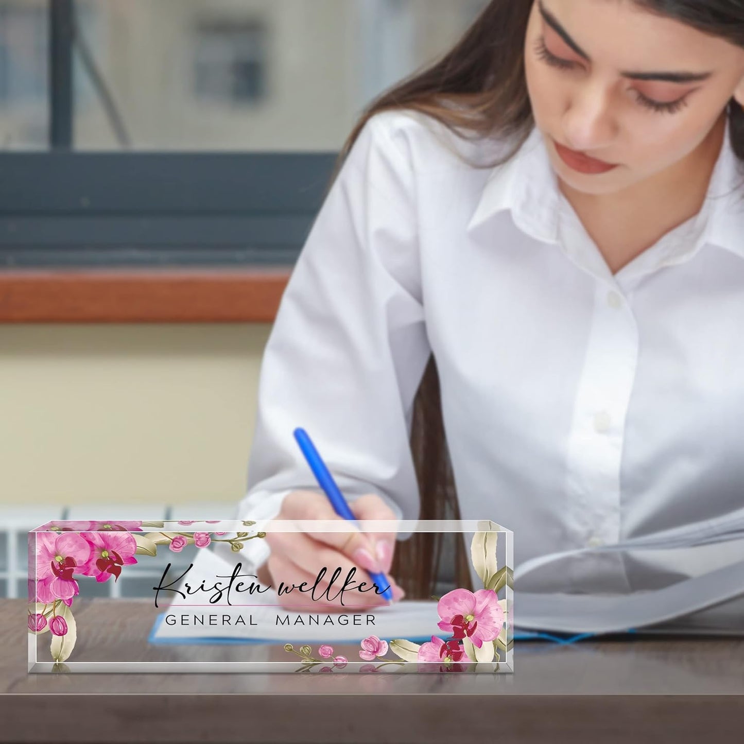 Custom Desk Name Plate Personalized, Acrylic Name Plate for Desk, Office Desk Decor for Women and Men, Employee Appreciation Gifts Office Gifts for Boss, Manager, Teacher, Nurse (Butterfly Orchid)