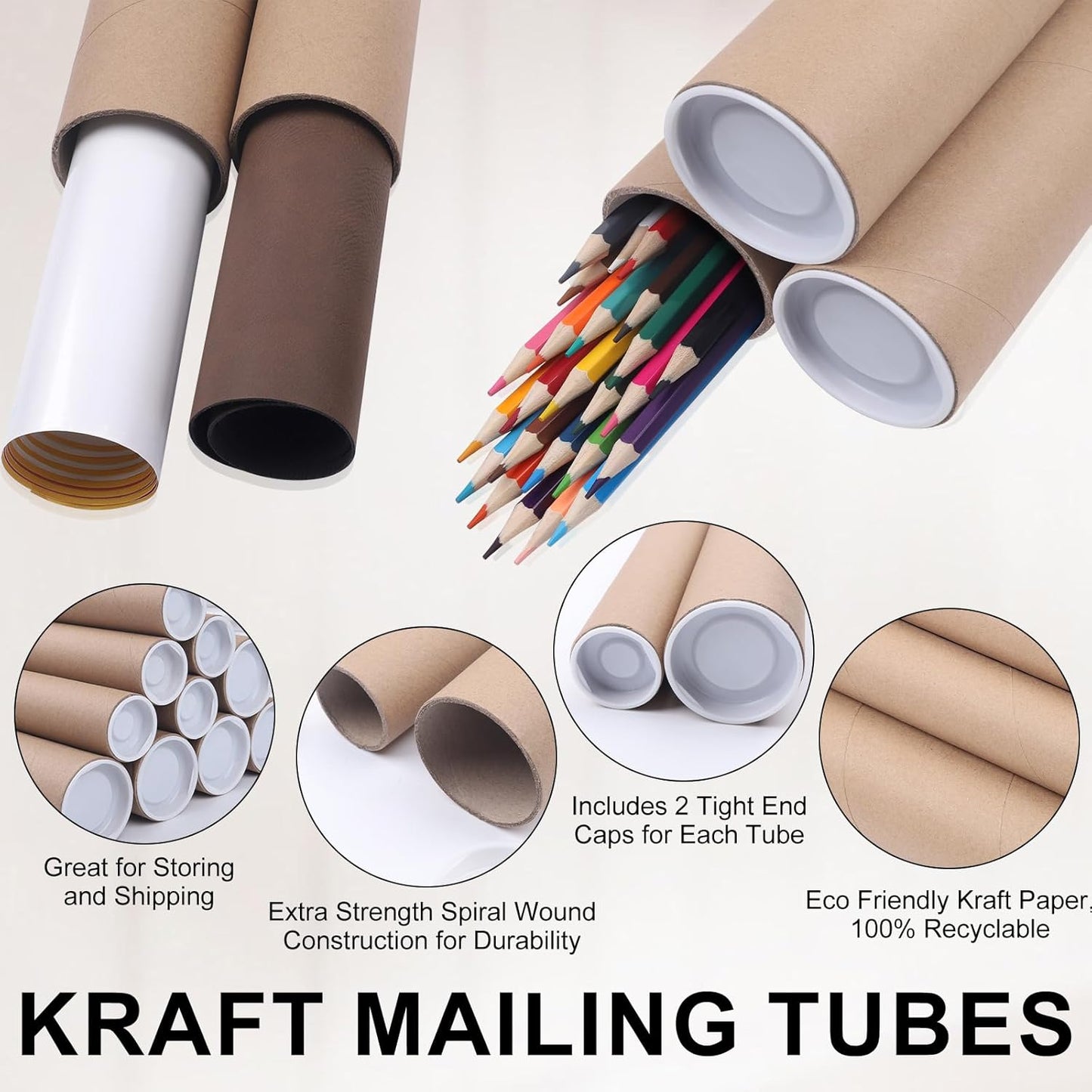 Mailing Tubes with Caps, 5 Pack 2x30-Inch + 5 Pack 1.5x24-Inch Kraft Paper Poster Tube for Shipping, Packing, Bulk Round Packaging, Cardboard Mailers, Art Prints, Maps, Blueprint