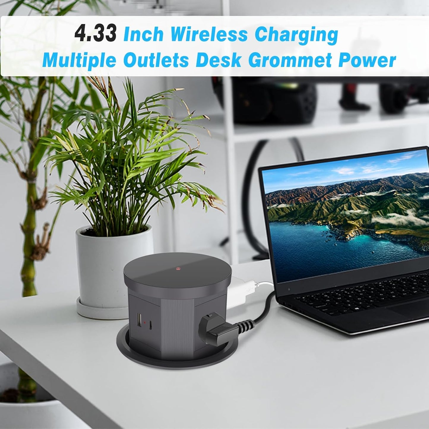 Pop Up Outlet for Countertop - 4.33-inch Automatic Pop Up Hidden Outlet - Round Electrical Outlet with 15W Wireless Charger, 1 USB-A, 1 USB-C & 3AC Plug - 5 FT Cord for Home, Office, Kitchen (Grey)
