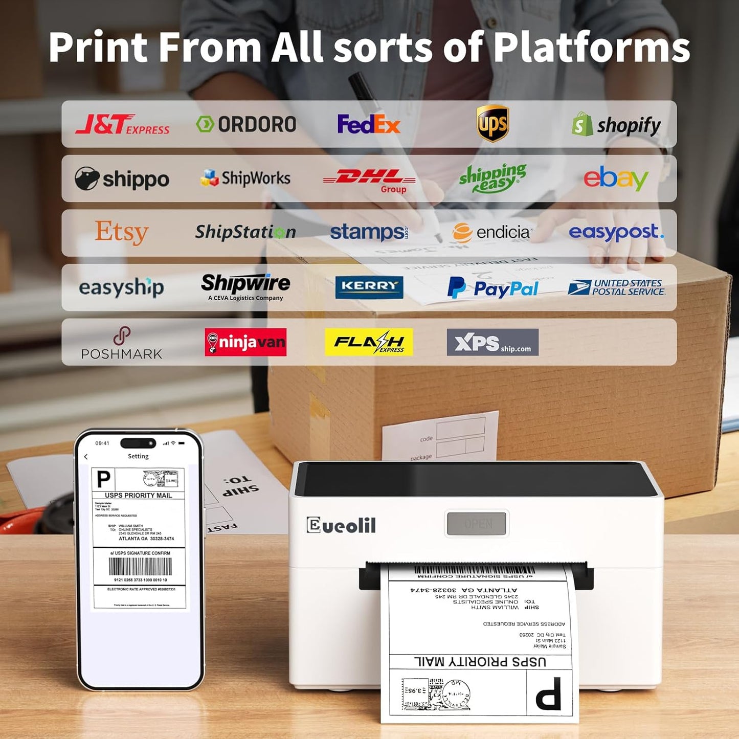 Bluetooth Thermal Label Printer Compatible with Android、iPhone、Windows＆Mac,Maximum Support 4×6 Thermal Label Paper,Widely Used for Home＆Small Businesses and Shipping Label