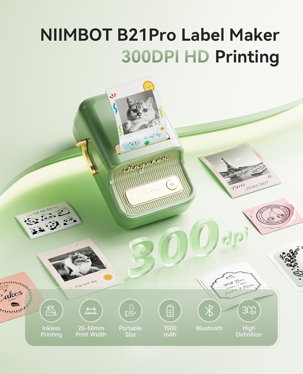 NIIMBOT B21 Pro Label Maker, 300DPI HD Label Printer, Ideal for Notes,Photos, Study Graphics, Memo Maker,50x30mm Label,230Pcs(Pine Green)