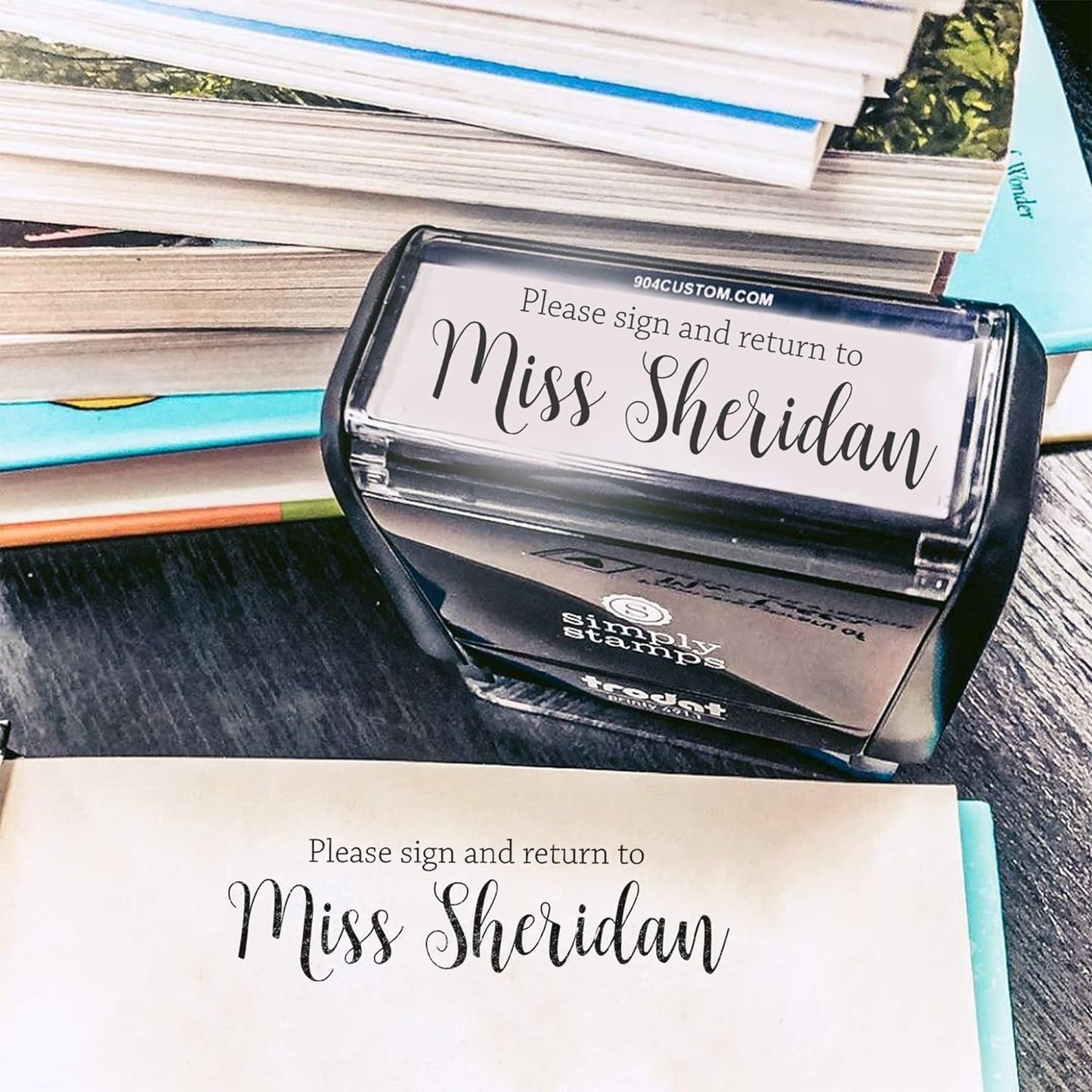 Custom Self-Inking Stamps | 49 Fun Phrases | Grading Made Easy | Classroom, Library Book Stamps (Please Sign and Return Script, Large)
