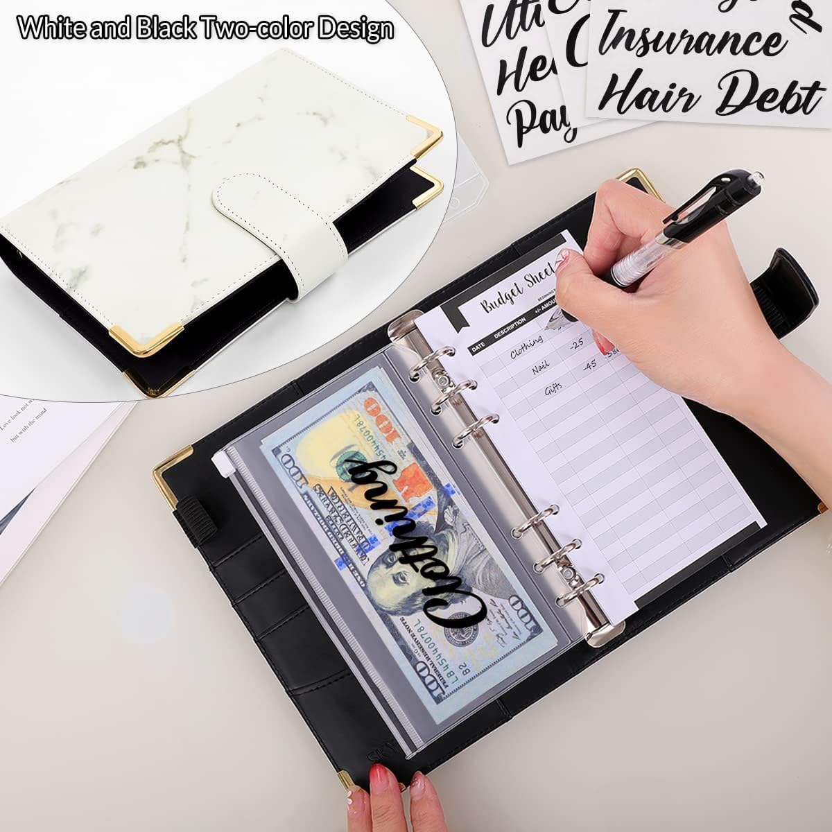 SKYDUE Budget Binder, Money Saving Binder with Zipper Envelopes, Cash Envelopes and Expense Budget Sheets for Budgeting (White/Black)