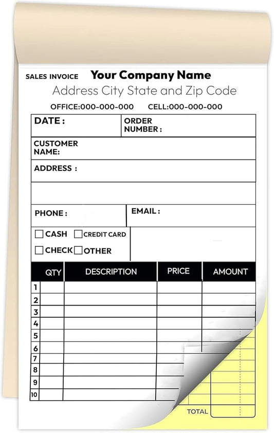 Custom 5.5" X 8.5" Invoice Receipt Book, (100 Sets) Carbonless NCR Invoice Book in 2-Part Duplicate Receipts, Estimates, Purchase Orders, Sales Orders, Price Forms with Your Company/Business Name