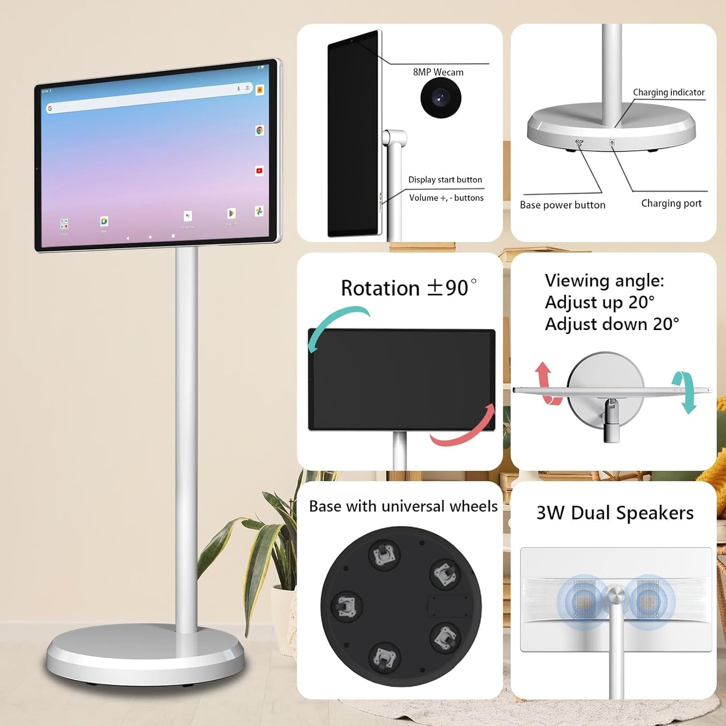 OFD 21.5 Inch Portable TV on Wheels 1080P,100%sRGB,6GB RAM+128GB Storage,RollingTV,Touch Screen Large Tablet with Base,8MP Webcam,Android 13 OS| Wireless Projection| 6000 mAh Battery(Play 4-6H),White