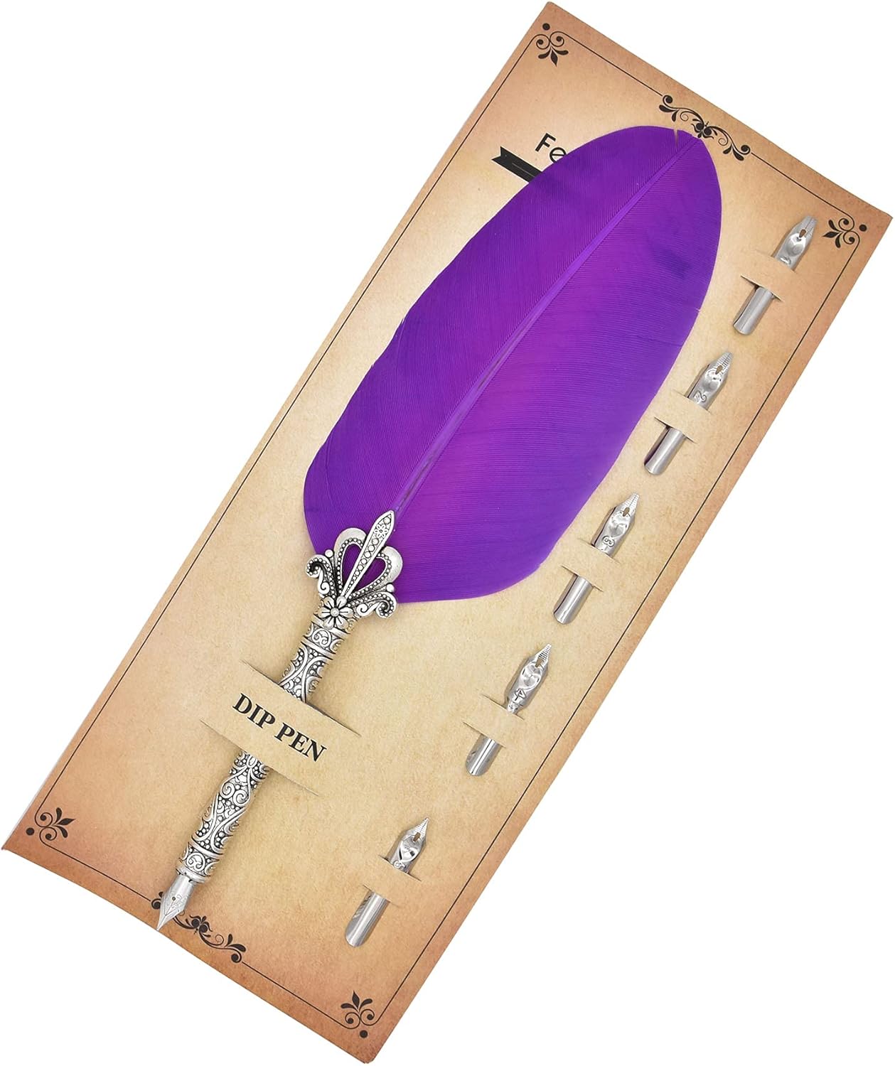 Gullor Feather Quill Pen and 5 Calligraphy Nibs for Beginners Kids Calligraphy Writing Quill Dip Pen Set, LightPurple