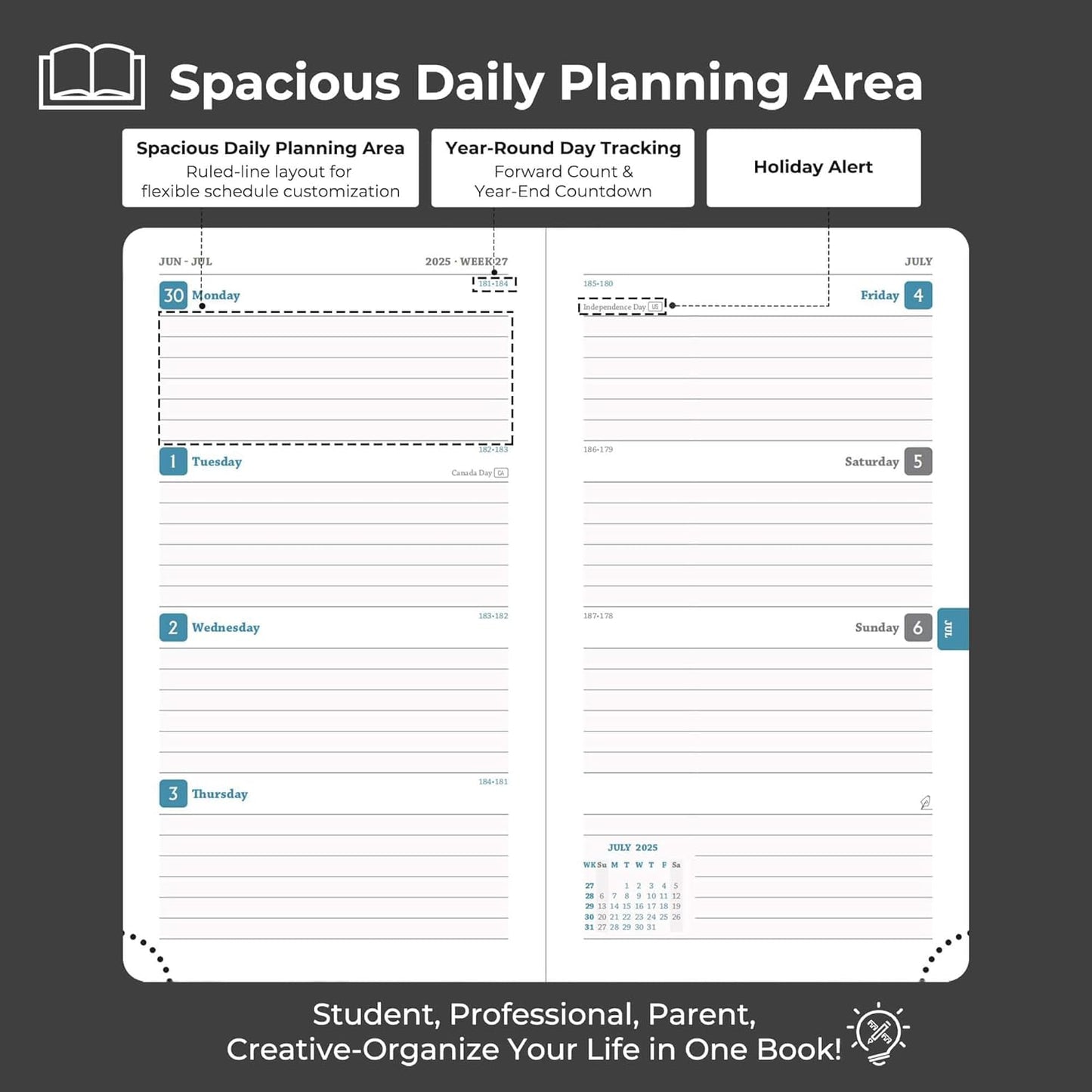 Planner 2025-2026 Daily Weekly and Monthly,6.5"x3.75",18 Months Spiral Bound Calendar Agenda with Self-adhesive Pen Holder,2026 Academic Plan with Vegan Leather Soft Cover,Black