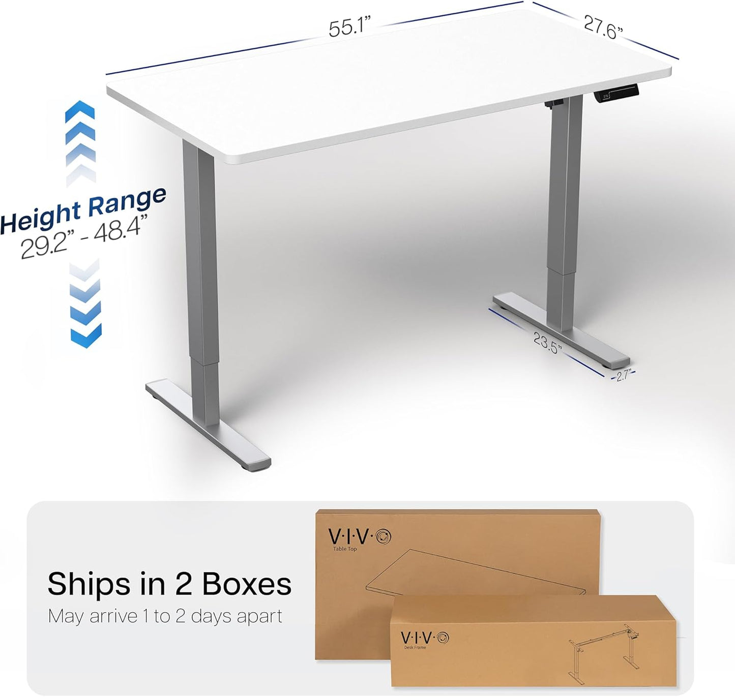 VIVO Electric 55 x 28 in Standing Desk, Memory Height Adjustment, 1B Series, One-Piece White Top, Gray Frame, DESK-KIT-1G55W