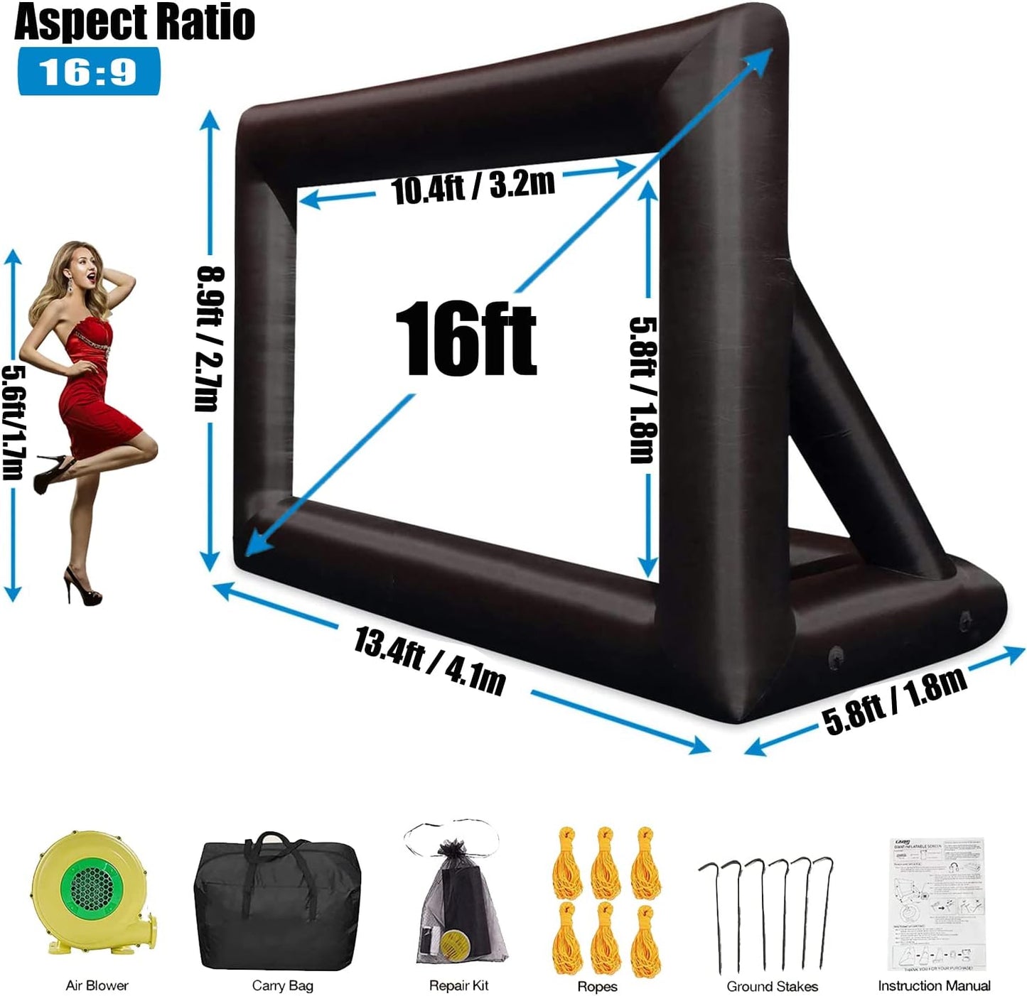Inflatable Projector Screen - 16FT Outdoor Movie Screen Blow Up for Movie Parties Backyard Outside with Air Blower and Carry Bag, Front and Rear Projection