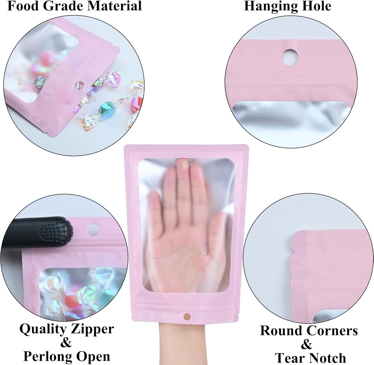 Resealable Mylar Pouch Bag Great for Office Home Party Favor Food Storage (100PCS, Pink Color, 3 x 4.7 inch)
