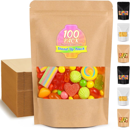 Smell Proof Bag, 100 Pack Mylar Bags for Small Business, Food Storage Bags with Window, Dog Treat Bag, Bakery Bags, Candy Packaging, Resealable Paper Stand Up Pouch (4"x6")