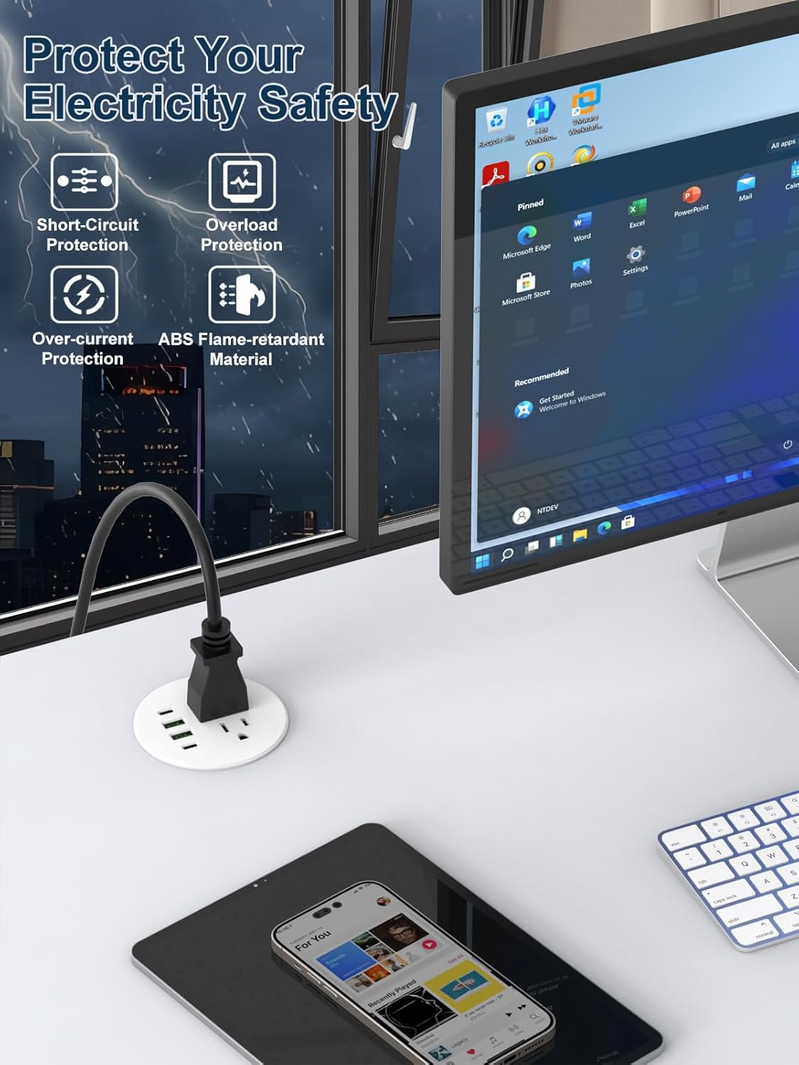 Recessed Power Grommet 3 inch With 65W USB C Ports 2 AC Outlets,Recessed Outlet Fast Charging Station,Desk Hole Grommet Outlets,Round Desktop Power Grommet Outlet for Office,Home (White, 65W USB Port)