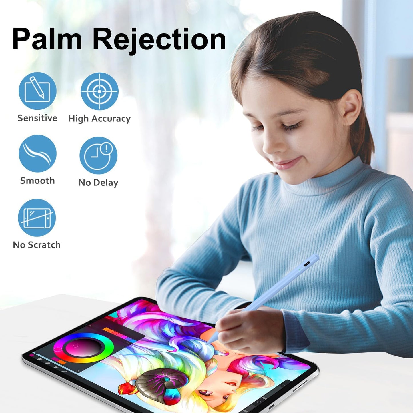 Stylus Pen for iPad Apple: Fast Charge for Pencil Apple Pen with Palm Rejection Tilt Sensitivity - Pen for iPad 10/9/8/7/6, iPad Pro 12.9"/11"/13" M4, iPad-mini 6/5, iPad-Air 5/4/3/M2 Blue
