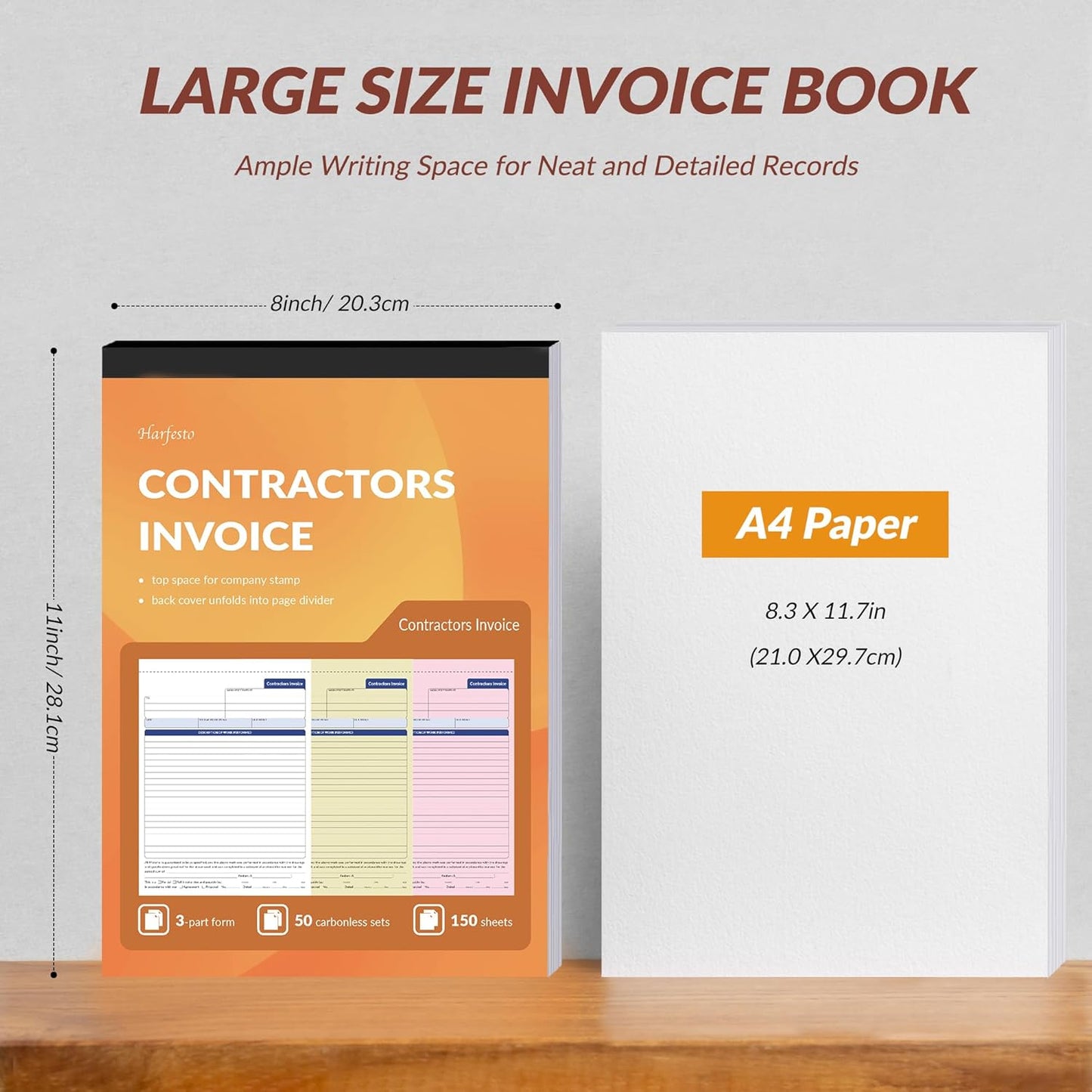 Large Contractor Invoice Book, Invoice Receipt Book for Small Business, 3 Part Carbonless Work Order Estimate Forms, 8x11 in, 50 Sets