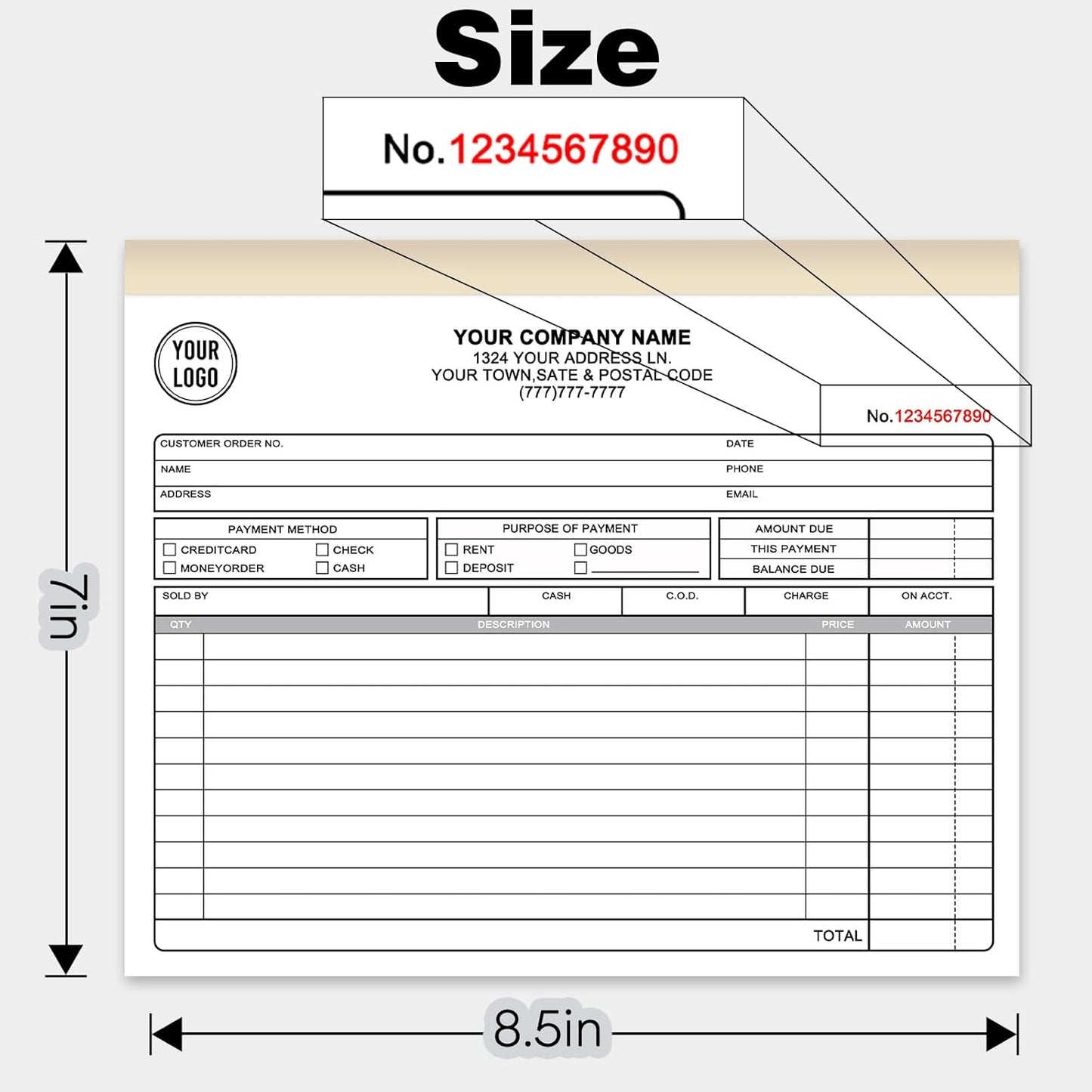 Custom Invoice Receipt Book for Small Business 8.5x7" Personalized 2-Part Contractor Duplicate Carbonless Sales Forms with Company Name Address Phone Number 100 Sets