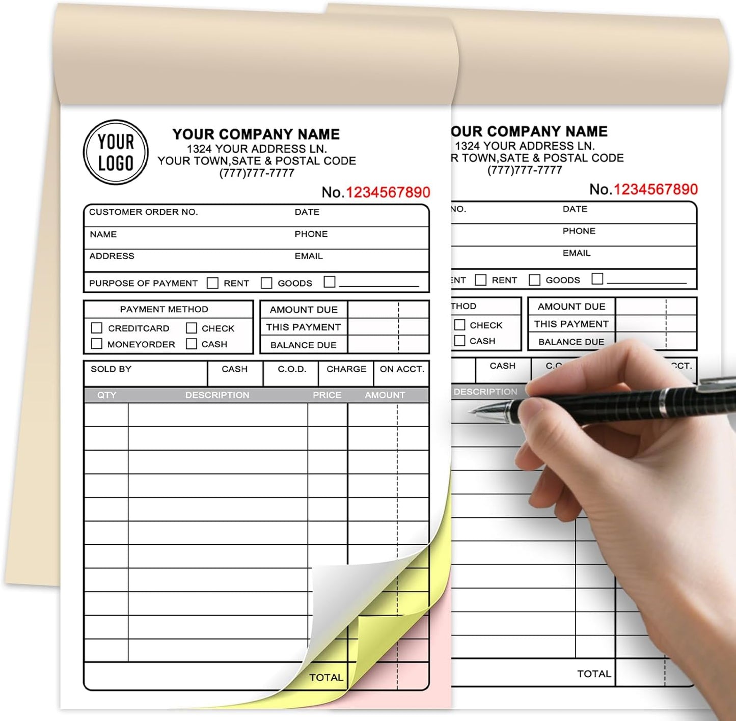 Custom Invoice Receipt Book for Small Business 4.25x7" Personalized 3-Part Contractor Duplicate Carbonless Sales Forms with Company Name Address Phone Number 150 Sets