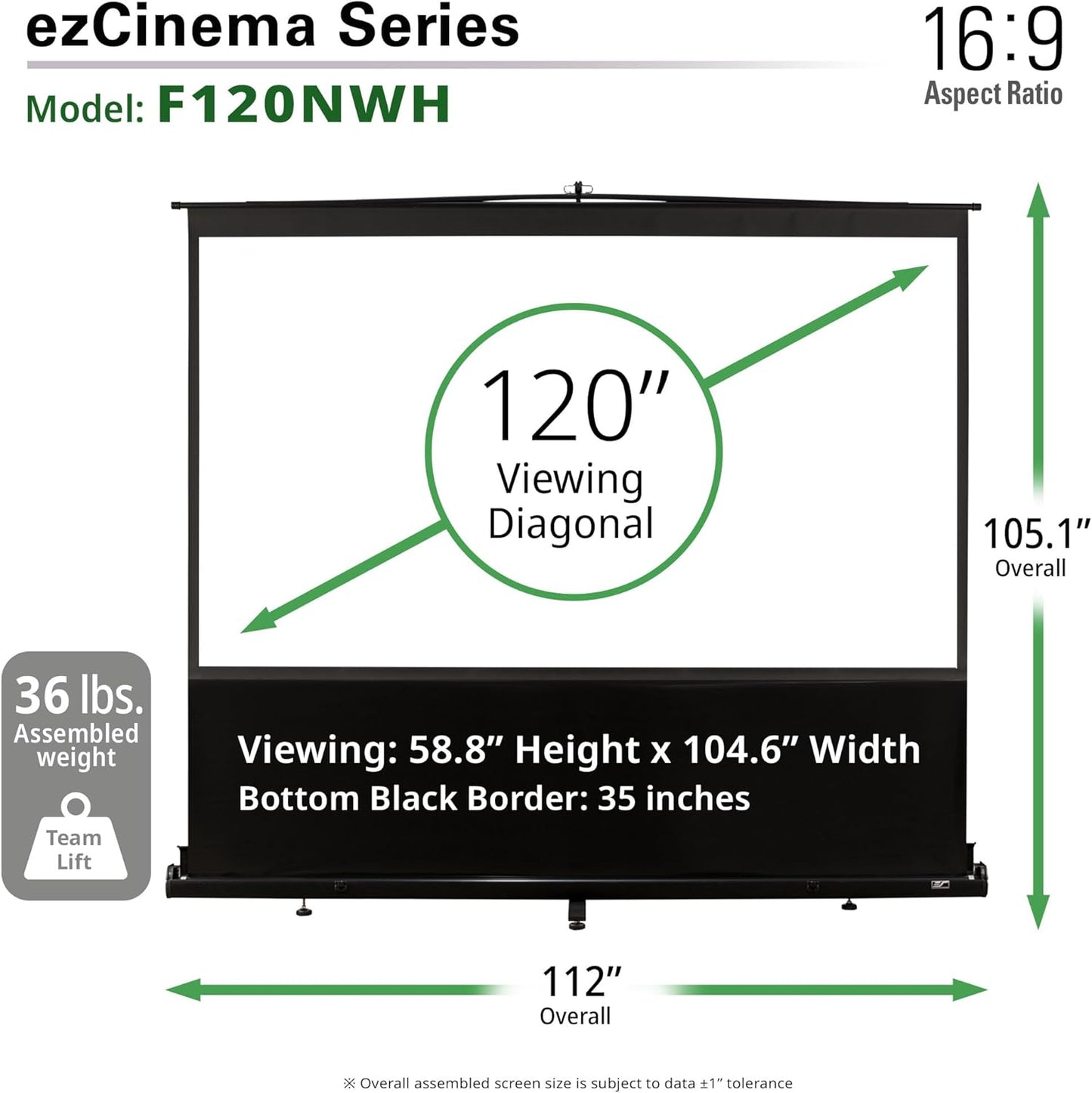 Elite Screens ezCinema Series, 120-inch 16:9, Manual Floor Pull Up Projection Projector Screen, Movie Home Theater Office Church 8K 4K Ultra HD 3D Ready, US-Based Company. 2-YEAR WARRANTY, F120NWH