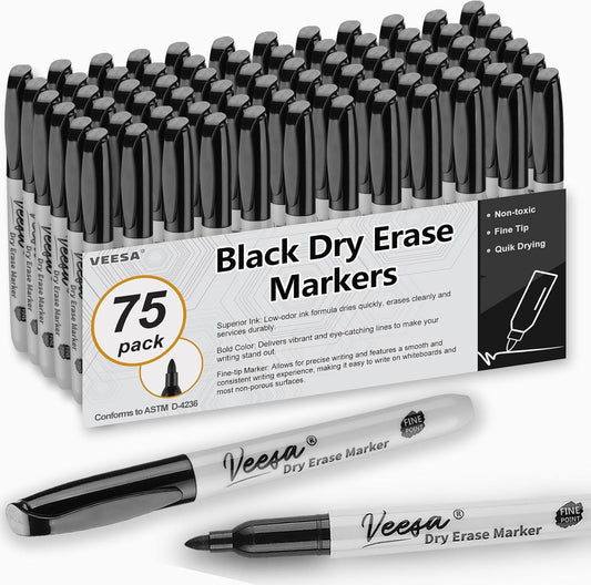 VEESA Dry Erase Markers Black, Fine Tip, 75 Pack Low-Odor Whiteboard Marker Pens, Home School Supplies, Office Series