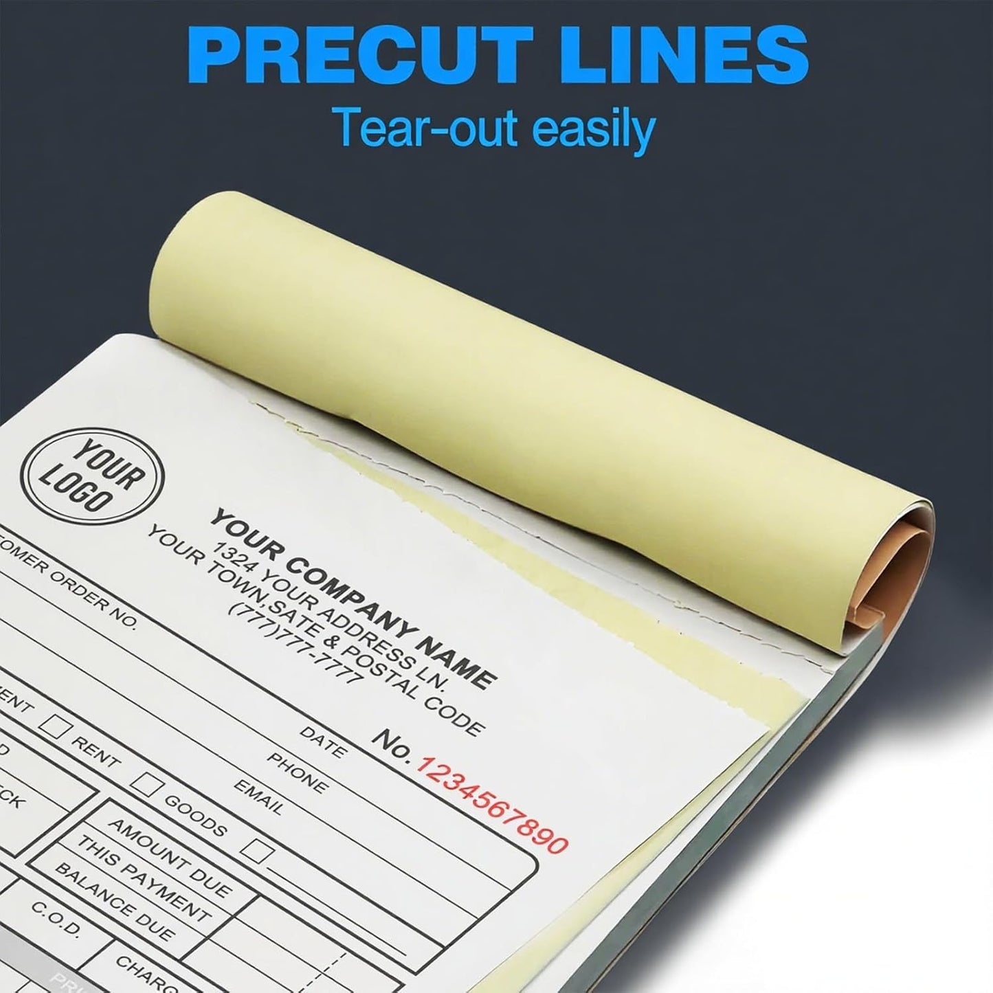 Custom Sales Invoice Personalized Carbonless NCR Forms with Company Name/Logo Personalized Invoice, Receipt Book, Work Sales Purchase Orders, Estimates, Quote Forms 8.5" x 11" - 2 Part(100 Sets)