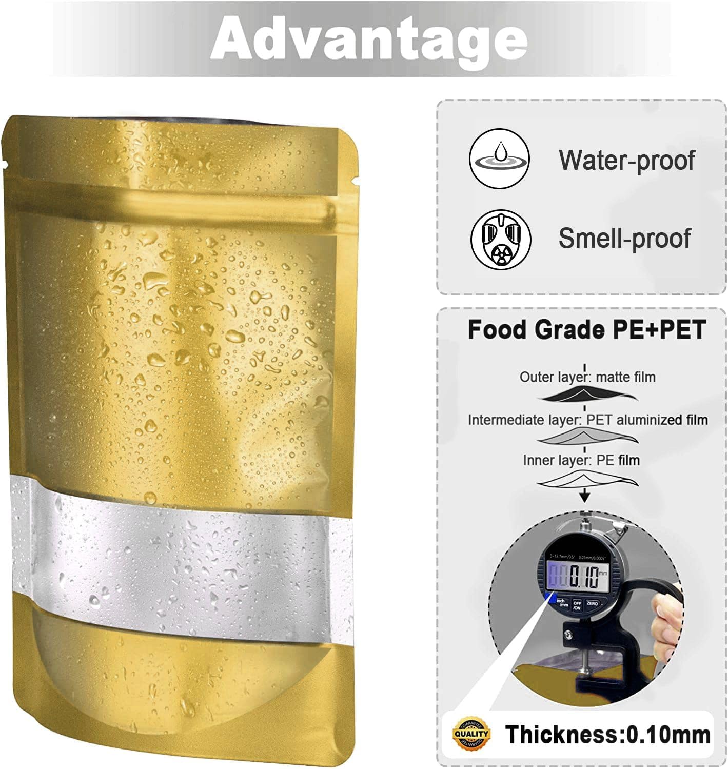3.5"x5" 120pcs Mylar Bags for Food Storage,Smell Proof Bag with Matte Window Resealable Food Storage Bags for Small Business, Stand-up Foil Pouch Packaging Freeze Dried Candy Bag(Gold)
