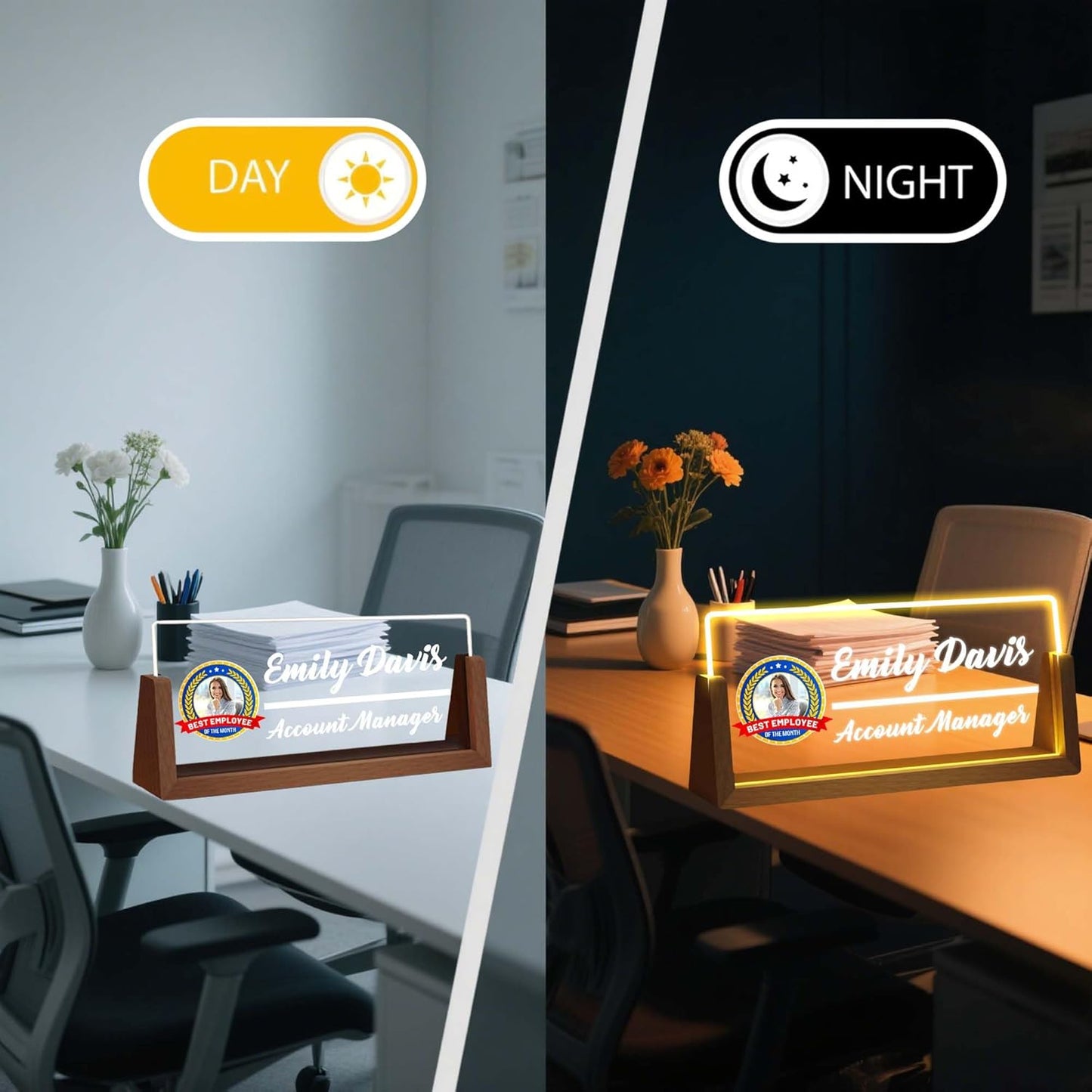 Personalized Desk Name Plate with LED Light & Wooden Base, Custom Acrylic Name Sign | Custom Office Decor & Appreciation Gifts for Boss Coworkers, New Job Promotion Gift (Style 3)