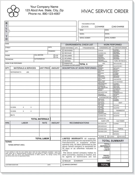 HVAC Service Order Invoice & Repair Detail Form, 3 Part Carbonless, Letter Size (Your Company Name Printed) 500 Sets
