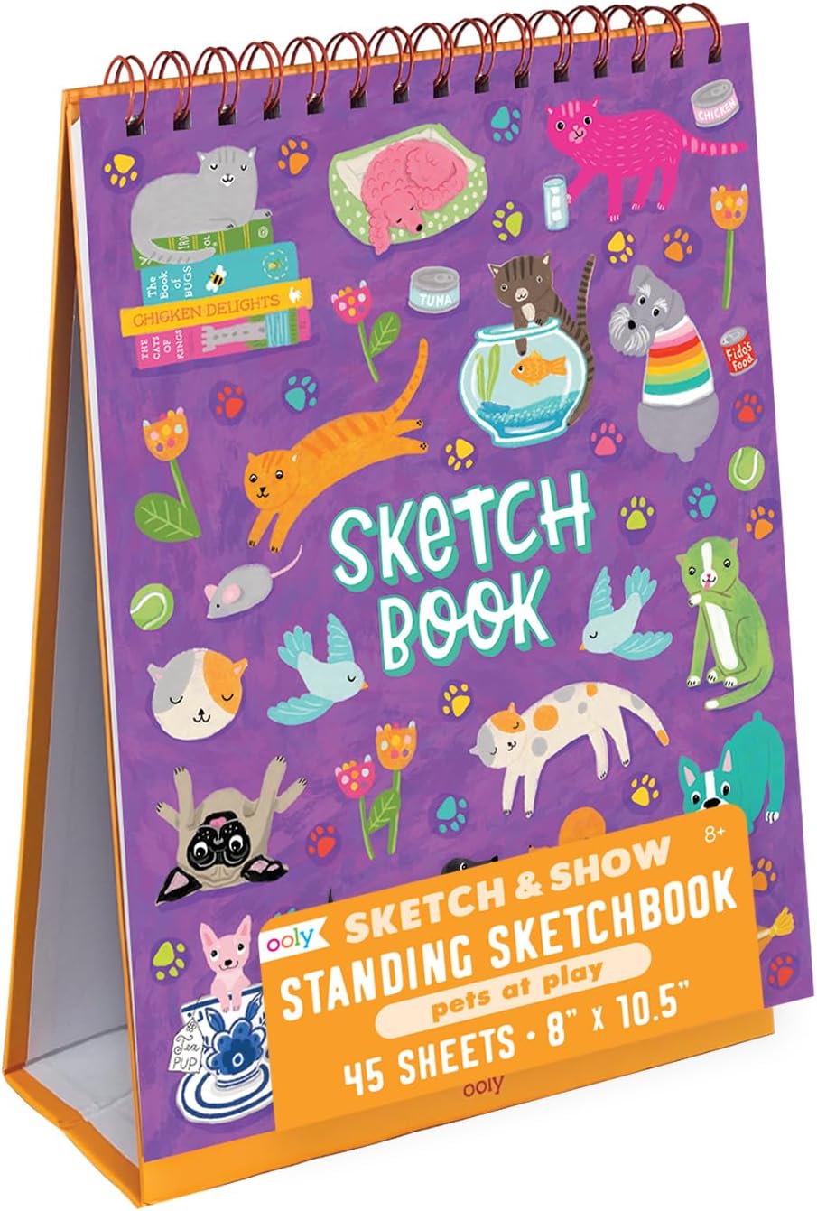 OOLY Sketch and Show Standing Sketchbook with 45 Large 10.5 x 8 Perforated Pages, 120 GSM/ 32lb, Perfect for Markers, Colored Pencils, Back to School Supplies - Pets at Play