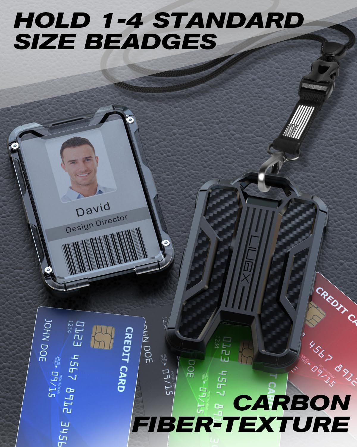 LIUGX Badge Holder with Heavy Duty Breakaway Lanyard, Carbon Fiber-Texture, Durable ID Card Holder (Holds 6 Cards) with Quick Release Detachable Buckle, Metal Clip, American Flag