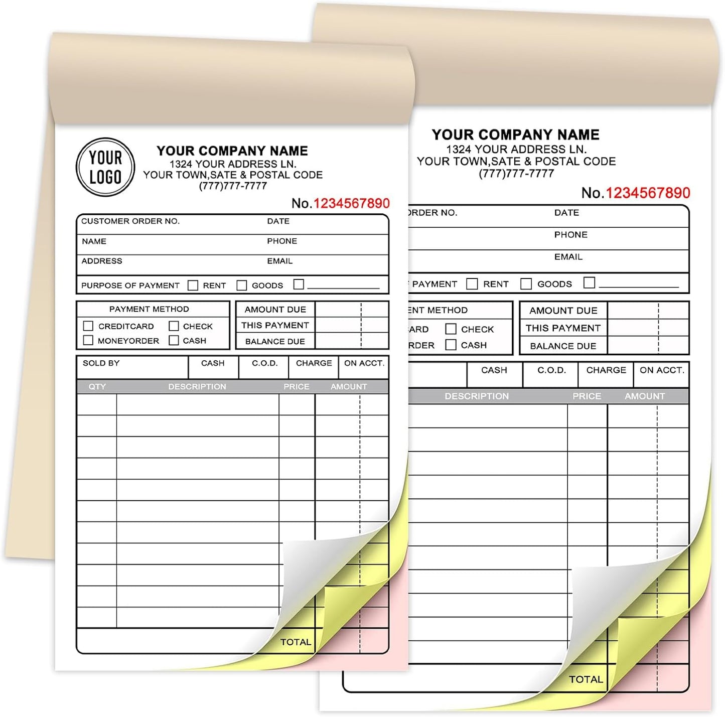 Custom 4.25" x 7" Invoices Receipts Carbonless Books in 3-Part Duplicate Personalized Company Address Name Phone Number 50 Sets