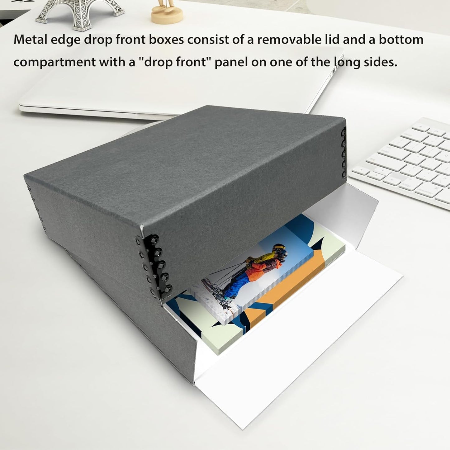 Lineco Museum Archival Storage Box, 8.75x10.75x3 in. Drop Front Design. Acid-Free with Metal Edge. Organize Photos, Pictures, Prints, Documents, Crafts, DIY. Gray, 2 Pack