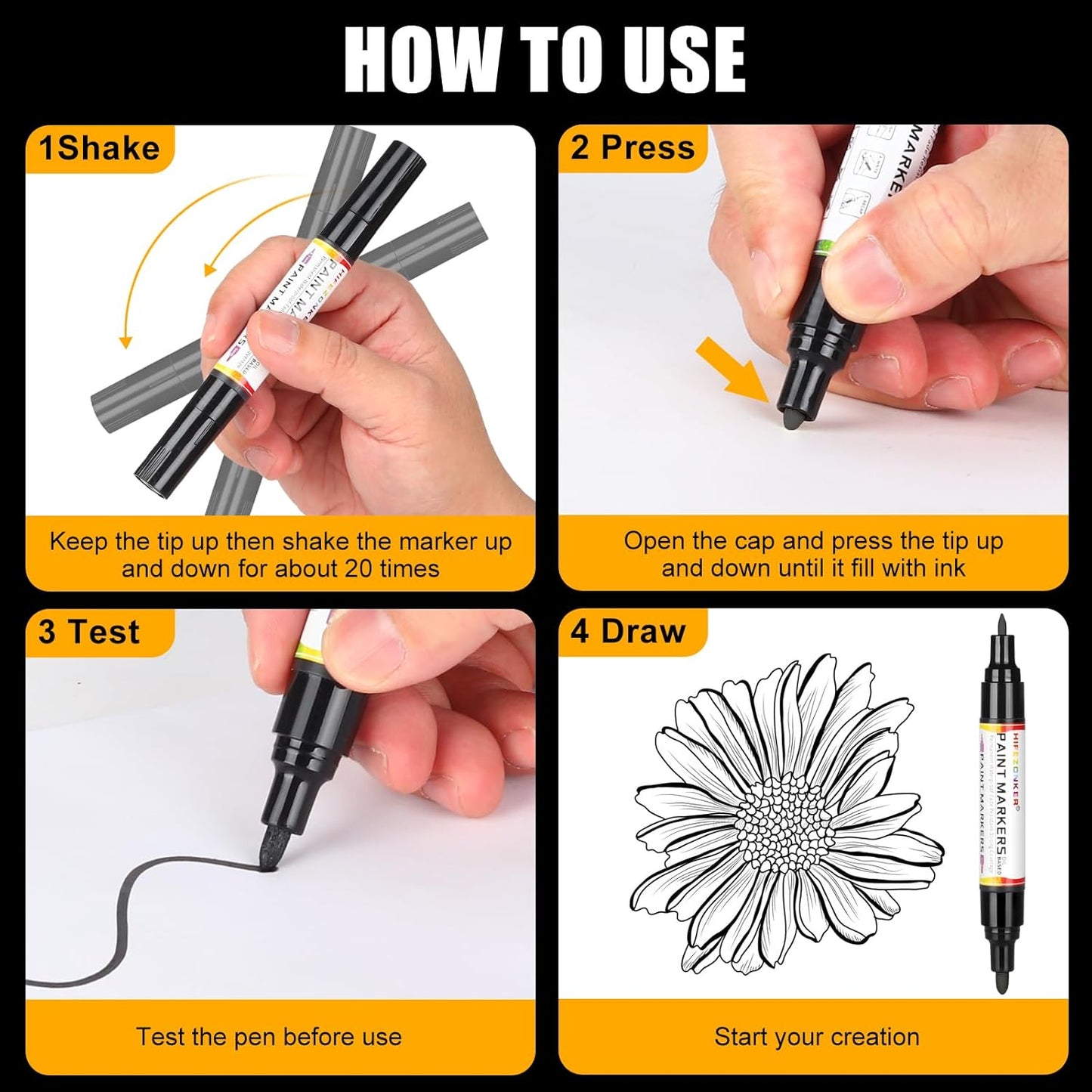Black Paint Pen Paint Marker - 8 Pack Dual Tip Oil Based Permanent Markers, Extra Fine Tip & Medium Fine Tip (0.7mm & 3mm), Quick Drying, Waterproof, Marker Pen for Fabric (8 Black)