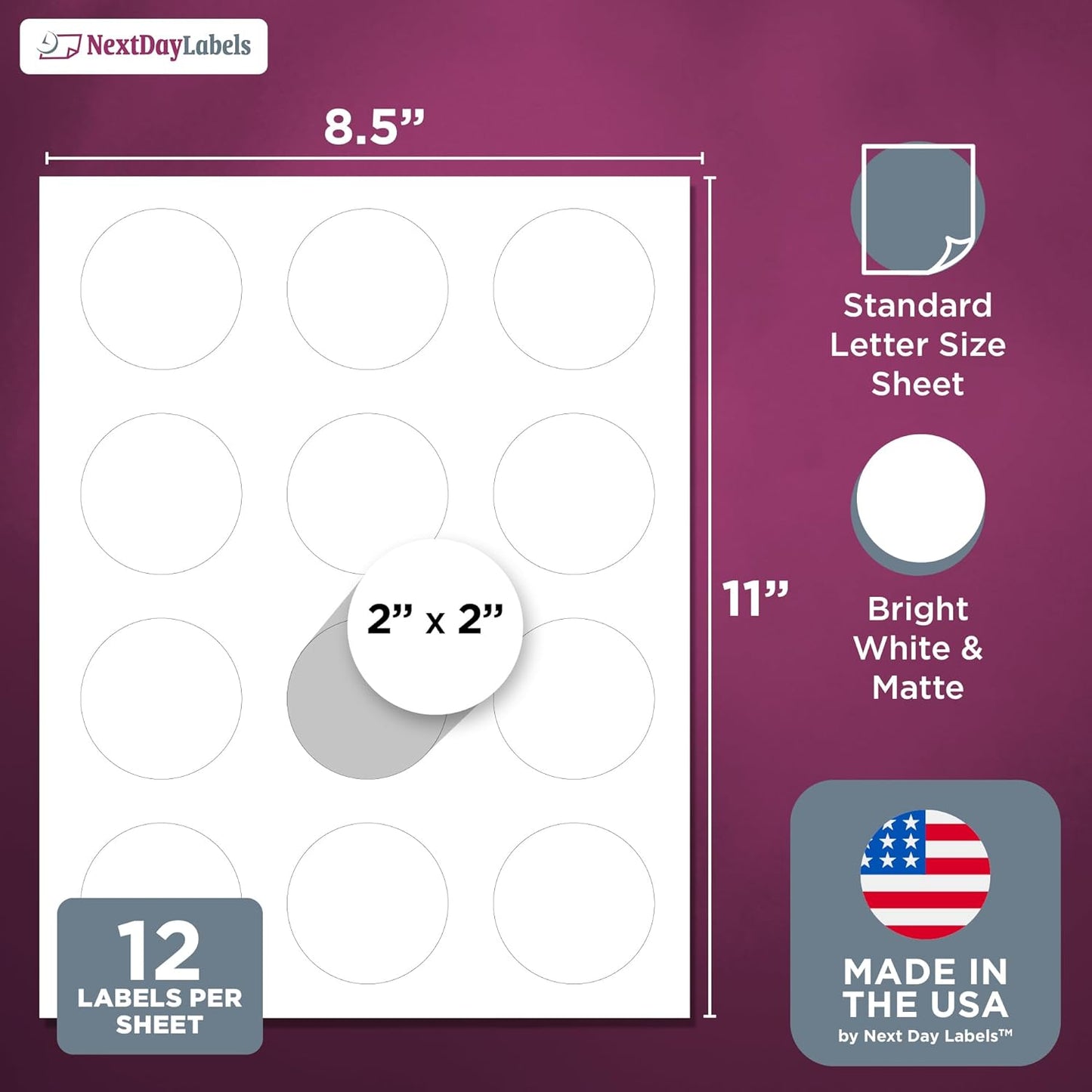 NextDayLabels - 2 Inch Round Labels for Bleeds - Sticker Labels for Printer - Matte White Blank Laser/Inkjet Printer Labels - Circle Stickers Printable Labels (500 Sheets, 12 Per Sheet, 6000 Labels)