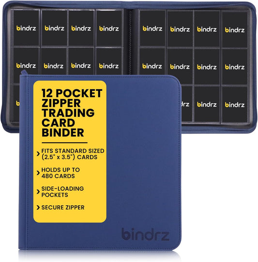 12 Pocket Zipper Binder for 480 Sleeved Trading Cards - Side Loading Pockets Album - Archival Safe Material and Compatible with TCG MTG and Sports Collectibles (Blue)